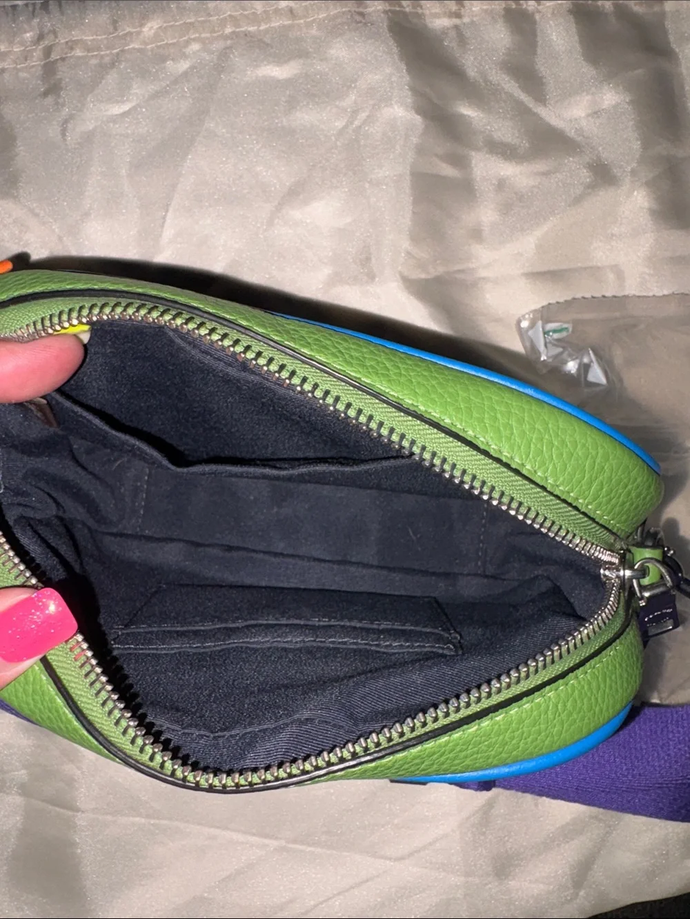 Coach Purple Leather Crossbody with Blue Trim and Green Accent